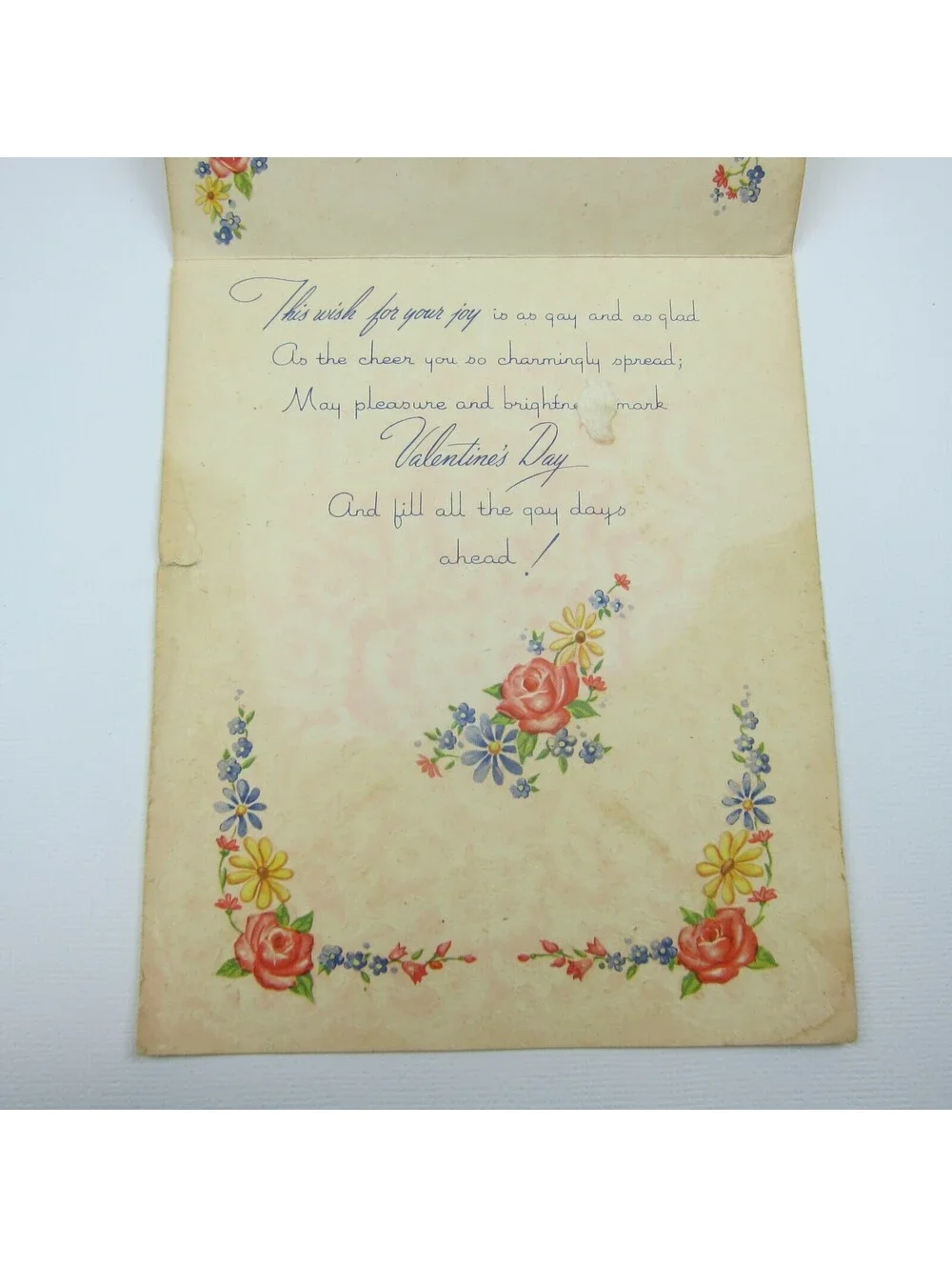 Vintage Valentine Card Flowers Blue Yellow Red Heart Ribbon Fold Golden Bell